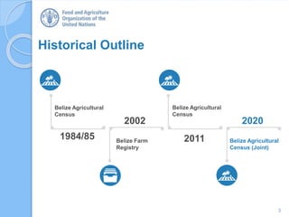 3
1984/85
2002
2011
2020
Belize Agricultural
Census
Belize Farm
Registry
Belize Agricultural
Census
Belize Agricultural
Census (Joint)
Historical Outline
 