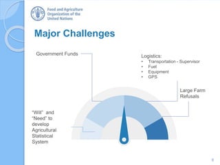 Major Challenges
8
“Will” and
“Need” to
develop
Agricultural
Statistical
System
Government Funds Logistics:
• Transportation - Supervisor
• Fuel
• Equipment
• GPS
Large Farm
Refusals
 