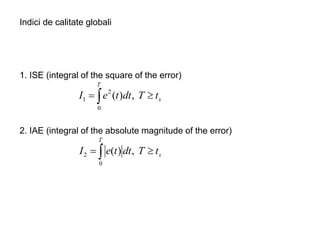 Indici de calitate globali
 

T
s
t
T
dt
t
e
I
0
2
1 ,
)
(
1. ISE (integral of the square of the error)
 

T
s
t
T
d...