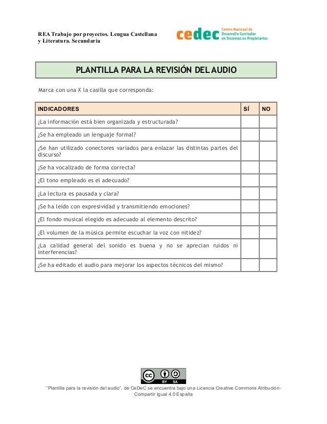 REA Trabajo por proyectos. Lengua Castellana
y Literatura. Secundaria
PLANTILLA PARA LA REVISIÓN DEL AUDIO
Marca con una X...