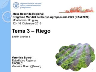 Mesa Redonda Regional
Programa Mundial del Censo Agropecuario 2020 (CAM 2020)
Montevideo, Uruguay,
12 - 16 Diciembre 2016
Veronica Boero
Estadístico Regional
FAORLC
Veronica.Boero@fao.org
Tema 3 – Riego
Sesión Técnica 6
1
 