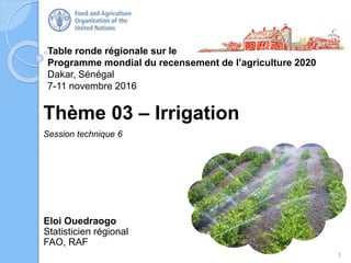 Table ronde régionale sur le
Programme mondial du recensement de l’agriculture 2020
Dakar, Sénégal
7-11 novembre 2016
Eloi Ouedraogo
Statisticien régional
FAO, RAF
Thème 03 – Irrigation
Session technique 6
1
 
