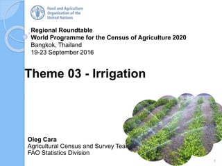 Regional Roundtable
World Programme for the Census of Agriculture 2020
Bangkok, Thailand
19-23 September 2016
Oleg Cara
Agricultural Census and Survey Team
FAO Statistics Division
Theme 03 - Irrigation
1
 
