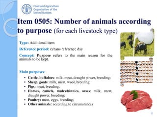Item 0505: Number of animals according
to purpose (for each livestock type)
Type: Additional item
Reference period: census reference day
Concept: Purpose refers to the main reason for the
animals to be kept.
Main purposes:
 Cattle, buffaloes: milk, meat, draught power, breeding;
 Sheep, goats: milk, meat, wool, breeding;
 Pigs: meat, breeding;
 Horses, camels, mules/hinnies, asses: milk, meat,
draught power, breeding;
 Poultry: meat, eggs, breeding;
 Other animals: according to circumstances
11
 