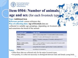 Item 0504: Number of animals:
age and sex (for each livestock type)
Type: Additional item
Reference period: census reference day
Way of collecting data: Age of livestock data are
collected in suitable age groupings, depending on livestock type
and sometimes the breed of the animal:
Notes:
• Often these data are collected only for the major livestock types.
• For poultry, it is often not necessary to distinguish between male and female young birds.
Livestock type Age group
Cattle, buffaloes calf (< 1 year); young stock ( 1-2 years) adult (2 years or more);
Sheep, goats lamb/kid (<1 year), adult sheep/goat (1 year or more);
Pigs piglet (< 3 months); young pig (3-9 months), adult pig (over 9
months);
Horses, camels, mules,
hinnies, asses
foal (< 1 year); yearling (1-2 years); young stock (2-4 years); adult
stock (more than 4 years);
Poultry young birds (for example, aged less than 3 weeks); adult birds;
Other animals according to circumstances.
10
 
