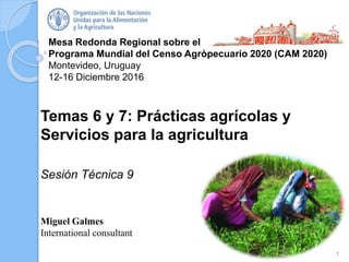 Mesa Redonda Regional sobre el
Programa Mundial del Censo Agròpecuario 2020 (CAM 2020)
Montevideo, Uruguay
12-16 Diciembre 2016
Temas 6 y 7: Prácticas agrícolas y
Servicios para la agricultura
Sesión Técnica 9
Miguel Galmes
International consultant
1
 