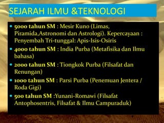 SEJARAH ILMU &TEKNOLOGI 
 5000 tahun SM : Mesir Kuno (Limas, 
Piramida,Astronomi dan Astrologi). Kepercayaan : 
Penyembah Tri-tunggal: Apis-Isis-Osiris 
 4000 tahun SM : India Purba (Metafisika dan Ilmu 
bahasa) 
 2000 tahun SM : Tiongkok Purba (Filsafat dan 
Renungan) 
 1000 tahun SM : Parsi Purba (Penemuan Jentera / 
Roda Gigi) 
 500 tahun SM :Yunani-Romawi (Filsafat 
Antophosentris, Filsafat & Ilmu Campuraduk) 
 