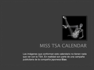 Miss TSA Calendar Las imágenesqueconformanestecalendario no tienen nada quever con la TSA. En realidad son parte de unacampañapublicitaria de la compañíajaponesaEizo. 