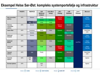 Eksempel Helse Sør-Øst: kompleks systemportefølje og infrastruktur 
PAS/EPJ RIS/PACS LAB-Medisinsk 
biokjemi 
LAB -Mikro-biologi 
LAB – 
Patologi 
LAB-Blodbank 
Lønn / 
Personal 
Økonomi 
Oslo universitets-sykehus 
DIPS 
Siemens Flexlab DocuLive 
Patologi 
Prosang 
Lønn/Pers 
Oracle 
Financials 
Swisslab Swisslab 
Agfa Sectra Unilab Unilab 
Akershus 
universitets-sykehus 
DIPS Siemens Analytix Analytix DocuLive 
Patologi 
Bloodcraft Oracle 
Financials 
Vestre Viken DIPS Carestream Flexlab Miclis Sympathy Bloodcraft Visma Enter-prise 
Siemens Analytix Prosang 
Sykehuset 
Innlandet 
DIPS Siemens Analytix Analytix Sympathy Bloodcraft Oracle 
Financials 
Sykehuset 
Østfold 
DIPS Sectra Netlab Miclis Sympathy Prosang Oracle 
Financials 
Sykehuset i 
Vestfold 
DIPS Sectra Unilab Miclis DocuLive 
Patologi 
Prosang Oracle 
Financials 
Telemark 
sykehus 
DIPS Agfa Flexlab Sympathy Bloodcraft Visma Enter-prise 
Sørlandet 
sykehus 
DIPS DIPS 
RIS 
Sectr 
a 
Unilab Miclis Sympathy Prosang Agresso 
Sunnaas sykehus 
DIPS DIPS 
Lab 
Agresso 
 