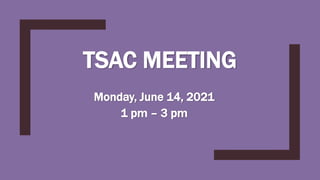 TSAC MEETING
Monday, June 14, 2021
1 pm – 3 pm
 