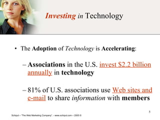 Investing   in   Technology The  Adoption  of  Technology  is  Accelerating : Associations  in the U.S.  invest $2.2 billion annually  in  technology 81% of U.S. associations use  Web sites and e-mail  to share  information  with  members 