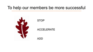 To help our members be more successful
STOP

ACCELERATE
ADD

 