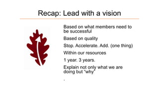 Recap: Lead with a vision
Based on what members need to
be successful
Based on quality
Stop. Accelerate. Add. (one thing)

Within our resources
1 year. 3 years.
Explain not only what we are
doing but “why”
.

 