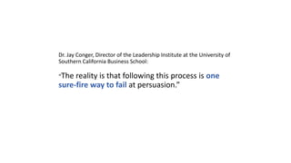 Dr. Jay Conger, Director of the Leadership Institute at the University of
Southern California Business School:
“The

reality is that following this process is one
sure-fire way to fail at persuasion.”

 