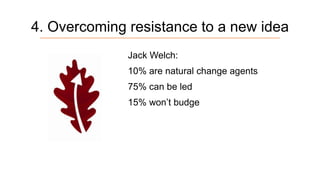 4. Overcoming resistance to a new idea
Jack Welch:
10% are natural change agents
75% can be led

15% won’t budge

 
