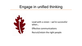 Engage in unified thinking

Lead with a vision – we’re successful
when…
Effective communications
Recruit/retain the right people

 