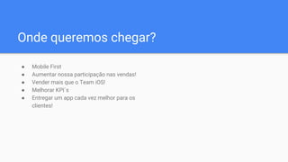 Onde queremos chegar?
● Mobile First
● Aumentar nossa participação nas vendas!
● Vender mais que o Team iOS!
● Melhorar KPI`s
● Entregar um app cada vez melhor para os
clientes!
 