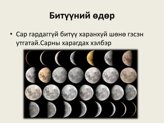 Битүүний өдөр
• Сар гардаггүй битүү харанхуй шөнө гэсэн
утгатай.Сарны харагдах хэлбэр
 