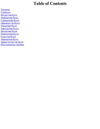 Table of Contents
Òàëàðõàë
Óäèðòãàë
Íýãä¿ãýýð á¿ëýã
Õî¸ðäóãààð á¿ëýã
Ãóðàâäóãààð á¿ëýã
Äºðºâä¿ãýýð á¿ëýã
Òàâäóãààð á¿ëýã
Çóðãàäóãààð á¿ëýã
Äîëäóãààð á¿ëýã
Íàéìäóãààð á¿ëýã
Åñä¿ãýýð á¿ëýã
Àðàâäóãààð á¿ëýã
Àðâàí íýãä¿ãýýð á¿ëýã
Íýð òîìú¸îíû òàéëáàð
 