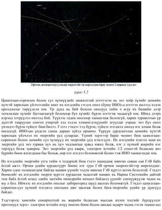 çóðàã 5.2
Öàõèëãààí-ñîðîíçîí áîëîí ñóë õ¿÷í¿¿äèéã àìæèëòòàé íýãòãýñýí íü ýíý õî¸ð õ¿÷èéã öºìèéí
õ¿÷òýé õàðèëöàí ¿éë÷ëýëèéí õàìò èõ íýãäëèéí ãýãäýõ îíîë (áóþó ÈÍÎ)-ä íýãòãýõ íèëýýä õýäýí
îðîëäëîãûã òºð¿¿ëñýí þì. ¯ð ä¿íä íü áèé áîëñîí îíîëóóä òèéì ÷ àãóó èõ áèøèéí äýýð
òàòàëöëûí õ¿÷èéã áàãòààãààã¿é áîëîõîîð á¿õ õ¿÷èéã á¿ðýí íýãòãýæ ÷àäààã¿é þì. Èéìä äýýðõ
íýðýíä õýòð¿¿ëýë íèëýýä áèé. Ò¿¿íýýñ ãàäíà îíîëîîð òààìàãëàæ áîëîõã¿é, õàðèí òóðøèëòûí ¿ð
ä¿íòýé òààðóóëàí ñîíãîõ ó÷èðòàé õýä õýäýí õýìæèãäýõ¿¿íèéã àãóóëäàã ó÷ðààñ ýíý á¿õ îíîë
¿íýíäýý á¿ðýí ã¿éöýò áèø áèëýý. Ãýëýý ãýõäýý òýä á¿ðýí, ã¿éöýò íýãäìýë îíîëä íýã àëõàì áîëæ
ìàãàäã¿é. ÈÍÎ-ûí ¿íäñýí ñàíàà äàðààõ ç¿éëä îðøèíî. Ò¿ð¿¿í äóðäñàí÷ëàí öºìèéí õ¿÷òýé
õàðèëöàí ¿éë÷ëýë èõ ýíåðãèéí ¿åä ñóëàðäàã. ¯¿íèé ýñðýãýýð áàðàã ÷ºëººò áèø öàõèëãààí-
ñîðîíçîí áîëîí öºìèéí ñóë õ¿÷í¿¿ä èõ ýíåðãèéí ¿åä íýìýãääýã. Èõ íýãäëèéí õýìýýõ ìàø èõ
ýíåðãèéí ¿åä ýíý ãóðâàí õ¿÷ íü õ¿÷ ÷àäëûíõàà õóâüä èæèë áîëæ, íýã ë õ¿÷íèé æèðèéí íýã
òºðë¿¿ä áîëæ õóâèðíà. Ýíý ýíåðãèéí ¿åä êâàðê, ýëåêòðîí ìýòèéí 1/2 ñïèíòýé áîäèñûí ÿíç
á¿ðèéí áººì ÿëãàãäàõàà áàñ áîëüæ, ººð íýã íýãäýë áîëîìæòîé áîëíî ãýæ ÈÍÎ òààìàãëàäàã þì.
Èõ íýãäëèéí ýíåðãèéí óòãà òèéì ÷ òîäîðõîé áèø ãýëýý íààíàäàæ ìÿíãàí ñàÿûí ñàÿ ÃýÂ áàéõ
¸ñòîé àæýý. Îð÷èí ¿åèéí õóðäàñãóóðò áººìñ íýã çóóí ÃýÂ îð÷èì ýíåðãèòýéãýýð ìºðãºëääºã.
Õàðèí îäîî òºëºâëºãäºæ áàéãàà ìàøèí ¿¿íèéã õýäýí ìÿíãàí ÃýÂ õ¿ðòýë ºñãºõ áîëîëòîé. Ãýõäýý
áººìñèéã èõ íýãäëèéí ýíåðãè õ¿ðòýë õóðäàñãàõ ÷àäàëòàé ìàøèí íü Íàðíû Ñèñòåìèéí äàéòàé
òîì áàéõ ¸ñòîé àãààä ýäèéí çàñãèéí ºíººäðèéí íºõöºë áàéäàëä ¿¿íèéã ñàíõ¿¿æ¿¿ëæ ÷àäàõ íü
þó ë áîë. Èéìýýñ èõ íýãäëèéí îíîëûã ëàáîðàòîðèä øóóä øàëãàõ áîëîìæã¿é. Ãýõäýý öàõèëãààí-
ñîðîíçîí-ñóë õ¿÷íèé íýãäìýë îíîëûíõ øèã øàëãàæ áîëîõ áàãà-ýíåðãèéí ¿åèéí ¿ð ä¿íã¿¿ä
áàéäàã.
Òýäãýýðýýñ õàìãèéí ñîíèðõîëòîé íü æèðèéí áîäèñûí ìàññûí èõýíõ õýñãèéã á¿ðä¿¿ëäýã
ïðîòîíóóä ýñðýã- ýëåêòðîí ìýòèéí èë¿¿ õºíãºí áººì áîëîí àÿíäàà çàäàð÷ ÷àäíà ãýñýí òààìàãëàë
 