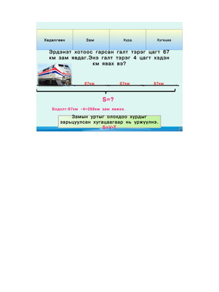 Хөдөлгөөн        Зам             Хурд    Хугацаа


  Эрдэнэт хотоос гарсан галт тэрэг цагт 67
  км зам явдаг.Энэ галт тэрэг 4 цагт хэдэн
                км явах вэ?



                67км           67км     67км



                        S=?
   Бодолт:67км ·4=268км зам явжээ.

          Замын уртыг олохдоо хурдыг
      зарьцуулсан хугацаагаар нь үржүүлнэ.
                                         3
                      S=V ∙T
 