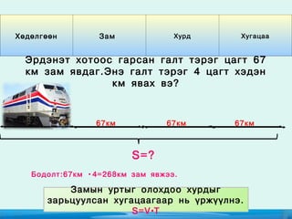 Хөдөлгөөн        Зам             Хурд    Хугацаа


  Эрдэнэт хотоос гарсан галт тэрэг цагт 67
  км зам явдаг.Энэ галт тэрэг 4 цагт хэдэн
                км явах вэ?



                67км           67км     67км



                        S=?
   Бодолт:67км ·4=268км зам явжээ.

          Замын уртыг олохдоо хурдыг
      зарьцуулсан хугацаагаар нь үржүүлнэ.
                      S=V ∙T
 