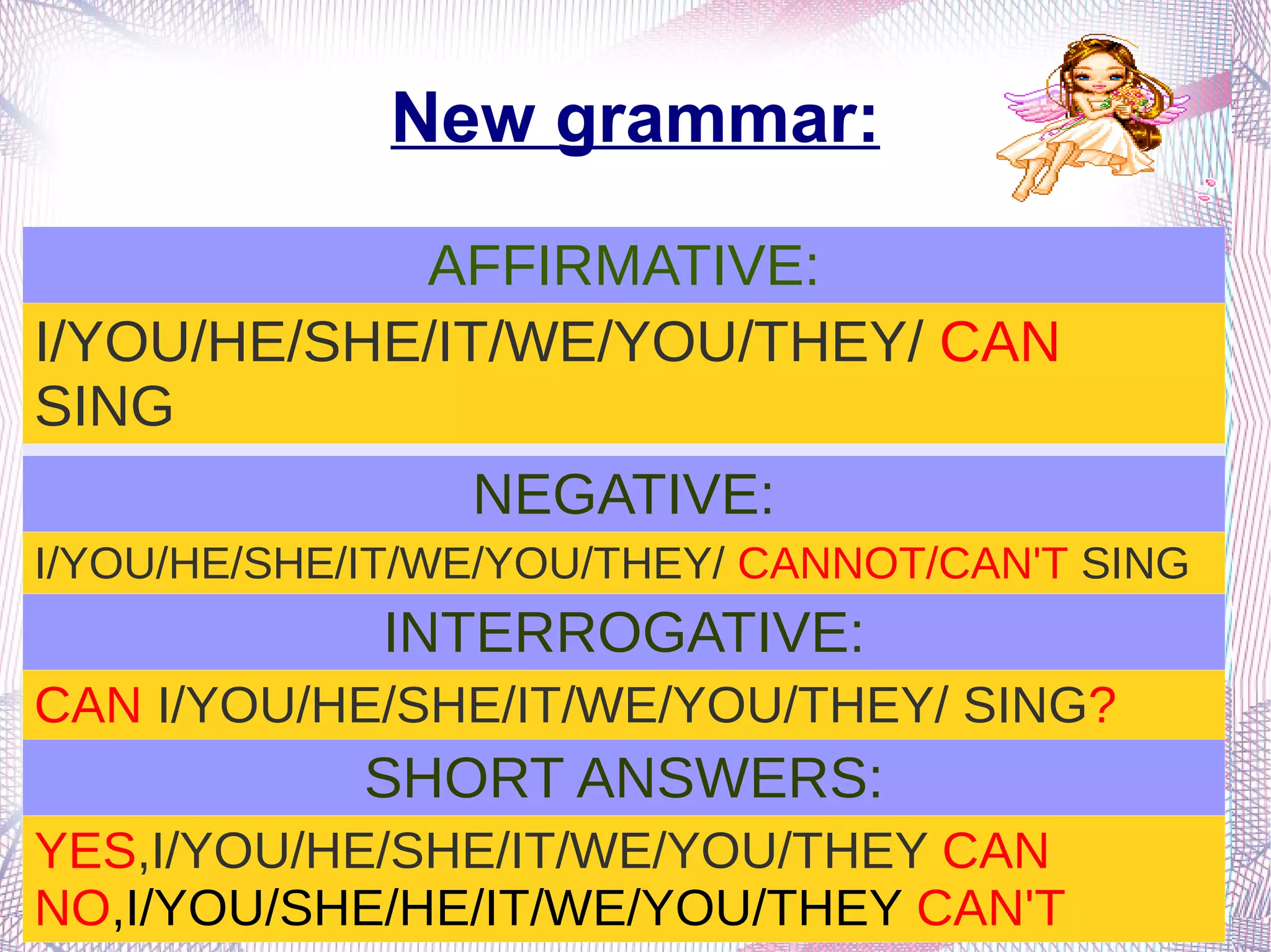 New grammar: AFFIRMATIVE: I/YOU/HE/SHE/IT/WE/YOU/THEY/  CAN  SING NEGATIVE: I/YOU/HE/SHE/IT/WE/YOU/THEY/  CANNOT/CAN'T  SING INTERROGATIVE: CAN  I/YOU/HE/SHE/IT/WE/YOU/THEY/   SING ? SHORT ANSWERS: YES ,I/YOU/HE/SHE/IT/WE/YOU/THEY  CAN NO ,I/YOU/SHE/HE/IT/WE/YOU/THEY  CAN'T 