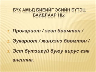 Прокариот / эгэл бөөмтөн / Эукариот / жинхэнэ бөөмтөн /  Эст бүтэцгүй буюу вирус гэж ангилна.  
