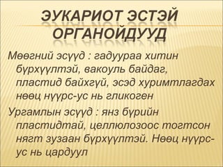 Мөөгний эсүүд : гадуураа хитин бүрхүүлтэй, вакоуль байдаг, пластид байхгүй, эсэд хуримтлагдах нөөц нүүрс-ус нь гликоген  Ургамлын эсүүд : янз бүрийн пластидтай, целлюлозоос тогтсон нягт зузаан бүрхүүлтэй. Нөөц нүүрс-ус нь цардуул  