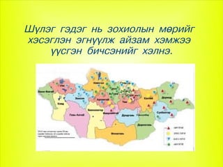 Шүлэг гэдэг нь зохиолын мөрийг
    хэсэглэн эгнүүлж айзам хэмжээ
        үүсгэн бичсэнийг хэлнэ.




                    
 