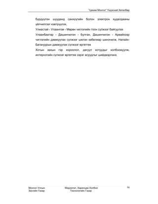 “Цахим Монгол” Үндэсний Хөтөлбөр


     бүрдүүлэн     шууданд      санхүүгийн     болон    электрон    худалдааны
     үйлчилгээг нэвтрүүлэх,
     Улиастай - Улаангом - Мөрөн чиглэлийн тоон сүлжээг байгуулах
     Улаанбаатар - Дашинчилэн - Булган, Дашинчилэн - Арвайхээр
     чиглэлийн дамжуулах сүлжээг шилэн кабелиар шинэчилж, Налайх-
     Багануурын дамжуулах сүлжээг өргөтгөх
     Хотын      захын   гэр   хороолол,      дагуул    хотуудыг    холбоожуулж,
     интернэтийн сүлжээг өргөтгөх зэрэг асуудлыг шийдвэрлэнэ.




Монгол Улсын                  Мэдээлэл, Харилцаа Холбоо                      14
Засгийн Газар                     Технологийн Газар
 