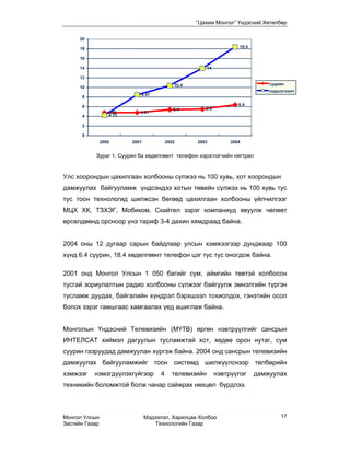 “Цахим Монгол” Үндэсний Хөтөлбөр


      20

      18                                                              18.4

      16

      14                                                 14

      12
                                             10.4                                суурин
      10
                                                                                 ходолгоонт
                             8.47
      8

      6                                                               6.4
                                             5.4       5.5
                   4.79      4.81
      4            4.23

      2

      0
                2000      2001            2002      2003           2004


           Зураг 1. Суурин ба хөдөлгөөнт телефон хэрэглэгчийн нягтрал


Улс хоорондын цахилгаан холбооны сүлжээ нь 100 хувь, хот хоорондын
дамжуулах байгууламж үндсэндээ хотын төвийн сүлжээ нь 100 хувь тус
тус тоон технологид шилжсэн бөгөөд цахилгаан холбооны үйлчилгээг
МЦХ ХК, ТЗХЭГ, Мобиком, Скайтел зэрэг компаниуд явуулж чөлөөт
өрсөлдөөнд орсноор үнэ тариф 3-4 дахин хямдраад байна.


2004 оны 12 дугаар сарын байдлаар улсын хэмжээгээр дунджаар 100
хүнд 6.4 суурин, 18.4 хөдөлгөөнт телефон цэг тус тус оногдож байна.

2001 онд Монгол Улсын 1 050 багийг сум, аймгийн төвтэй холбосон
тусгай зориулалтын радио холбооны сүлжээг байгуулж эмнэлгийн түргэн
тусламж дуудах, байгалийн хүндрэл бэрхшээл тохиолдох, гэнэтийн осол
болох зэрэг гамшгаас хамгаалах үед ашиглаж байна.


Монголын Үндэсний Телевизийн (МҮТВ) өргөн нэвтрүүлгийг сансрын
ИНТЕЛСАТ хиймэл дагуулын тусламжтай хот, хөдөө орон нутаг, сум
суурин газруудад дамжуулан хүргэж байна. 2004 онд сансрын телевизийн
дамжуулах байгууламжийг тоон системд шилжүүлснээр төлбөрийн
хэмжээг    нэмэгдүүлэхгүйгээр         4     телевизийн        нэвтрүүлэг     дамжуулах
техникийн боломжтой болж чанар сайжрах нөхцөл бүрдлээ.



Монгол Улсын                     Мэдээлэл, Харилцаа Холбоо                           17
Засгийн Газар                        Технологийн Газар
 