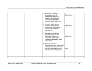 “Цахим Монгол” Үндэсний Хөтөлбөр




                                                5) Мэдээлэл, холбооны
                                                   сүлжээнд нээлттэй,             2005-2006
                                                   ялгаваргүй холбогдох,
                                                   шударга өрсөлдөөний
                                                   зохицуулалт бүхий зах
                                                   зээлийн орчинг бүрдүүлэх

                                                6) Улсын нэгдсэн сүлжээг
                                                   ашиглах, түрээслэхтэй          2005-2006
                                                   холбогдсон харилцаанд
                                                   чөлөөт өрсөлдөөнийг
                                                   нэвтрүүлэх

                                                7) Дэлхийн хөгжлийн чиг
                                                   хандлагатай мэдээлэл
                                                   холбооны дэвшилтэт             2006-2010
                                                   технологи болон үүрэн
                                                   телефоны дараагийн үеийг
                                                   нэвтрүүлэх

                                                8) Телевизийн өргөн
                                                   нэвтрүүлгийг тоон технологид
                                                   шилжүүлж телевизийн олон
                                                   сувгийг орон даяар хүлээн      2005
                                                   авах боломжийг бүрдүүлэх




Монгол Улсын Засгийн Газар   Мэдээлэл, Харилцаа Холбоо Технологийн Газар                                26
 