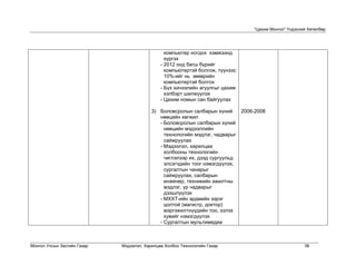 “Цахим Монгол” Үндэсний Хөтөлбөр




                                                компьютер ногдох хэмжээнд
                                                хүргэх
                                              - 2012 онд багш бүрийг
                                                компьютертэй болгож, түүнээс
                                                10%-ийг нь зөөврийн
                                                компьютертэй болгох
                                              - Бүх хичээлийн агуулгыг цахим
                                                хэлбэрт шилжүүлэх
                                              - Цахим номын сан байгуулах

                                          3) Боловсролын салбарын хүний        2006-2008
                                             нөөцийн хөгжил
                                             - Боловсролын салбарын хүний
                                               нөөцийн мэдээллийн
                                               технологийн мэдлэг, чадварыг
                                               сайжруулах
                                             - Мэдээлэл, харилцаа
                                               холбооны технологийн
                                               чиглэлээр их, дээд сургуульд
                                               элсэгчдийн тоог нэмэгдүүлэх,
                                               сургалтын чанарыг
                                               сайжруулах, салбарын
                                               инженер, техникийн ажилтны
                                               мэдлэг, ур чадварыг
                                               дээшлүүлэх
                                             - МХХТ-ийн эрдмийн зэрэг
                                               цолтой (магистр, доктор)
                                               мэргэжилтнүүдийн тоо, эзлэх
                                               хувийг нэмэгдүүлэх
                                             - Сургалтын мультимедиа



Монгол Улсын Засгийн Газар   Мэдээлэл, Харилцаа Холбоо Технологийн Газар                                 38
 
