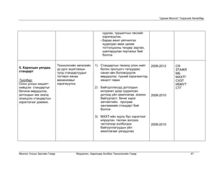 “Цахим Монгол” Үндэсний Хөтөлбөр




                                                           судлах, туршилтын төслийг
                                                           хэрэгжүүлэх,
                                                         - Бараа ажил үйлчилгээ
                                                           худалдан авах цахим
                                                           тогтолцооны тендер зарлах,
                                                           шалгаруулах порталыг бий
                                                           болгох


                             Технологийн хөгжлийн    1) Стандартын төсөлд олон нийт     2008-2012      СЯ
5. Харилцан уялдаа,          үр дүнг ашиглахын          болон оролцогч талуудаас                       ЗТАЖЯ
стандарт                     тулд стандартуудыг         санал авч боловсруулж                          МБ
                             тогтмол хянах              мөрдүүлэх, түүний хэрэгжилтэд                  МХХТГ
Тайлбар:                     механизмыг                 хяналт тавих                                   СХЗТ
Олон улсын жишигт            хэрэгжүүлнэ                                                               ИБМУТ
нийцсэн стандартыг                                   2) Байгууллагууд дотоодын                         СТГ
баталж мөрдүүлэх,                                       интранет дээр суурилсан
дотоодын зах зээлд                                      дотоод үйл ажиллагаа, зохион    2008-2010
зохицсон стандартын                                     байгуулалт, бичиг хэрэг
хэрэглэгээг дэмжих.                                     хөтлөлтийн програм
                                                        хангамжийн стандарт бий
                                                        болгох

                                                     3) МХХТ-ийн хууль бус хэрэглээг
                                                        илрүүлэн, таслан зогсоох
                                                        чиглэлээр холбогдох             2008-2010
                                                        байгууллагуудын үйл
                                                        ажиллагааг уялдуулах




Монгол Улсын Засгийн Газар              Мэдээлэл, Харилцаа Холбоо Технологийн Газар                               47
 