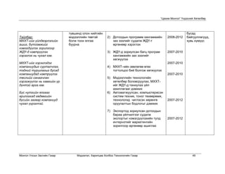 “Цахим Монгол” Үндэсний Хөтөлбөр




                             түвшинд олон нийтийн                                                         бусад
Тайлбар:                     мэдээллийн төвтэй        2) Дотоодын программ хангамжийн       2008-2012     байгууллагууд,
МХХТ-ийг үйлдвэрлэлийн       болж тоон ялгаа             зах зээлийг судалж ЖДҮ-т                         хувь хүмүүс
ашиг, бүтээмжийг             буурна                      өргөнөөр хэрэглэх
нэмэгдүүлэх зорилгоор
ЖДҮ-д нэвтрүүлэн                                      3) ЖДҮ-д зориулсан багц програм       2007-2010
хэрэглэх нь чухал юм.                                    хангамжийн зах зээлийг
                                                         хөгжүүлэх
МХХТ-ийг хэрэглэдэг                                                                         2007-2010
компаниудыг сурталчлах,                               4) МХХТ–ийн зөвлөгөө өгөх
тэдний туршлагыг бусад                                   тогтолцоо бий болгож хөгжүүлэх
компаниудад нэвтрүүлэх                                                                      2007-2010
төслийг санаачлан                                     5) Мэдээллийн технологийн
хэрэгжүүлэх нь хамгийн үр                                хөтөлбөр боловсруулах, МХХТ-
дүнтэй арга юм.                                          ийг ЖДҮ-д таниулах үйл
                                                         ажиллагааг дэмжих
Бүс нутгийн ялгааг                                    6) Автоматжуулсан, компьютержсэн
арилгахад хөдөөгийн                                      систем техник, тоног төхөөрөмж,
бүсийн загвар компаниуд                                  технологид чиглэсэн хөрөнгө        2007-2012
чухал үүрэгтэй.                                          оруулалтын бодлогыг дэмжих

                                                      7) Экспортод зориулсан дотоодын
                                                         бараа үйлчилгээг судалж
                                                         экспортыг нэмэгдүүлэхийн тулд      2007-2012
                                                         интернэтийг маркетингийн
                                                         зорилгоор өргөнөөр ашиглах




Монгол Улсын Засгийн Газар       Мэдээлэл, Харилцаа Холбоо Технологийн Газар                                  49
 