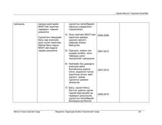 “Цахим Монгол” Үндэсний Хөтөлбөр




сайжирна.               насанд хүрэгчдийн          сургалтын хөтөлбөрийн
                        МХХТ-ийг ашиглах           хэрэгцээ шаардлагыг
                        чадварын төвшин            тодорхойлох
                        дээшилнэ
                                               4) Олон нийтийн МХХТ-ийн 2006-2008
                        Сургалтын төвүүдийн       хэрэглээг дэмжих
                        багш нар ялангуяа         үүднээс сургалт,
                        орон нутагт ажиллаж       семинар зохион
                        байгаа багш нарын         байгуулах
                        МХХТ-ийн мэдлэг
                        чадавх дээшилнэ.       5) Сургууль, номын сан,         2007-2012
                                                  шуудан холбоо, теле-
                                                  төвүүдэд шинэ
                                                  технологийг нэвтрүүлэх

                                               6) Нийгмийн бүх давхарга
                                                  ялангуяа эмзэг
                                                  бүлгийнхэнд мэдлэг           2007-2012
                                                  олгох, мэдээлэл түгээх
                                                  зорилгоор алсын зайн
                                                  сургалт, цахим
                                                  сургалтыг дэмжин
                                                  хөгжүүлэх

                                               7) Багш, сургагч-багш
                                                  бэлтгэх, давтан сургах
                                                  тэдний мэргэжлийн ур
                                                                               2006-2010
                                                  чадварыг дээшлүүлж,
                                                  сургалтын хөтөлбөрийг
                                                  боловсронгуй болгох



Монгол Улсын Засгийн Газар            Мэдээлэл, Харилцаа Холбоо Технологийн Газар                                59
 