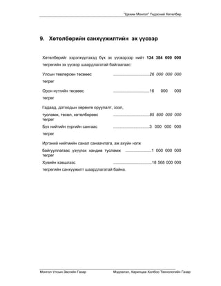 “Цахим Монгол” Үндэсний Хөтөлбөр




9. Хөтөлбөрийн санхүүжилтийн эх үүсвэр


 Хөтөлбөрийг хэрэгжүүлэхэд бүх эх үүсвэрээр нийт 134 384 000 000
 төгрөгийн эх үүсвэр шаардлагатай байгаагаас:

 Улсын төвлөрсөн төсвөөс            ................................26 000 000 000
 төгрөг

 Орон нутгийн төсвөөс               ................................16   000   000
 төгрөг

 Гадаад, дотоодын хөрөнгө оруулалт, зээл,
 тусламж, төсөл, хөтөлбөрөөс        ................................85 800 000 000
 төгрөг
 Бүх нийтийн үүргийн сангаас        ................................3 000 000 000
 төгрөг

 Иргэний нийгмийн санал санаачлага, аж ахуйн нэгж
 байгууллагаас үзүүлэх хандив тусламж         .......................1 000 000 000
 төгрөг
 Хувийн хэвшлээс                    ..................................18 568 000 000
 төгрөгийн санхүүжилт шаардлагатай байна.




Монгол Улсын Засгийн Газар          Мэдээлэл, Харилцаа Холбоо Технологийн Газар
 