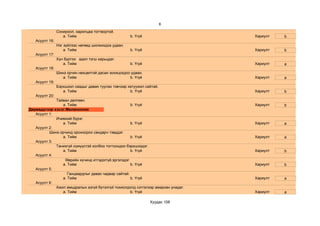 6
                Сонирхол, харилцаа тогтвортой.
                   a. Тийм                            b. Үгүй                     Хариулт   b
   Асуулт 16:
                Нэг зүйлээс нөгөөд шилжихдээ удаан.
                    a. Тийм                           b. Үгүй                     Хариулт   b
   Асуулт 17:
                Хүн бүртээ адил тэгш харьцдаг.
                   a. Тийм                            b. Үгүй                     Хариулт   a
   Асуулт 18:
                Шинэ орчин нөхцөлтэй дасан зохицохдоо удаан.
                   a. Тийм                           b. Үгүй                      Хариулт   a
   Асуулт 19:
                Бэрхшээл саадыг даван туулах тэвчээр хатуужил сайтай.
                   a. Тийм                            b. Үгүй                     Хариулт   b
   Асуулт 20:
             Тайван дөлгөөн.
                a. Тийм                              b. Үгүй                      Хариулт   b
Дөрөвдүгээр хэсэг:Меланхолик
   Асуулт 1:
             Ичимхий бүрэг.
                a. Тийм                              b. Үгүй                      Хариулт   a
   Асуулт 2:
          Шинэ орчинд орохоороо сандарч тэвддэг.
                a. Тийм                              b. Үгүй                      Хариулт   a
   Асуулт 3:
             Танихгүй хүмүүстэй холбоо тогтоохдоо бэрхшээдэг.
                a. Тийм                              b. Үгүй                      Хариулт   b
   Асуулт 4:
                  Өөрийн хүчинд итгэдэггүй,эргэлздэг
                a. Тийм                              b. Үгүй                      Хариулт   b
   Асуулт 5:
                   Ганцаардлыг давах чадвар сайтай.
                a. Тийм                              b. Үгүй                      Хариулт   a
   Асуулт 6:
             Ажил амьдралын азгүй бүтэлгүй тохиолдолд сэтгэлээр амархан унадаг.
                a. Тийм                              b. Үгүй                      Хариулт   a

                                                                Хуудас 108
 