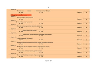 8
Асуулт 20:
             Зан ааш нь а   мархан        өөрчлөгдөж хувирч байдаг.
                a. Тийм                         b. Үгүй                    Хариулт   a

Хоёрдугаар хэсэг:Сангвиник
Асуулт 1:
           Хөгжилтэй,баяр баясгалантай.
               a. Тийм                            b. Үгүй                  Хариулт   a
Асуулт 2:
          Эрч хүчтэй,ажилсаг шаламгай.
               a. Тийм                            b. Үгүй                  Хариулт   b
Асуулт 3:
           Эхэлсэн ажлаа дуусгалгүй орхих хандлагатай.
               a. Тийм                            b. Үгүй                  Хариулт   a
Асуулт 4:
                      Өөрийгөө дээгүүр үнэлдэг.
               a. Тийм                            b. Үгүй                  Хариулт   a
Асуулт 5:
                      Шинэ содон зүйлийг хурдан тусгаж авах хандлагатай.
               a. Тийм                            b. Үгүй                  Хариулт   a
Асуулт 6:
           Сониуч,харилцаа тогтворгүй.
               a. Тийм                            b. Үгүй                  Хариулт   b
Асуулт 7:
           Аливаа бүтэлгүйдэл,азгүйдэлд санаа зовниж шаналаад байдаггүй.
               a. Тийм                            b. Үгүй                  Хариулт   b
Асуулт 8:
           Янз бүрийн нөхцөл байдалд амархан дасан зохицож чаддаг.
               a. Тийм                            b. Үгүй                  Хариулт   b
Асуулт 9:
           Аливаа шинэ ажлыг сонирхон дуртай эхэлдэг.
               a. Тийм                            b. Үгүй                  Хариулт   b
Асуулт 10:
           Сонирхолгүй зүйлдээ амархан уйдаж,хөндийрдөг.
               a. Тийм                            b. Үгүй                  Хариулт   b
Асуулт 11:

                                                           Хуудас 137
 