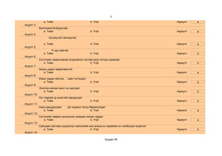 3
                a. Тийм                              b. Үгүй                                   Хариулт   a
Асуулт 3:
             Болгоомжтой,буурьтай.
                a. Тийм                              b. Үгүй                                   Хариулт   a
Асуулт 4:
                    Хүлээцтэй,тэвчээртэй.

                a. Тийм                              b. Үгүй                                   Хариулт   a
Асуулт 5:
                      Үг дуу цөөтэй.
                a. Тийм                              b. Үгүй                                   Хариулт   b
Асуулт 6:
             Сэтгэлийн хөдөлгөөний илэрхийлэл султай,жигд тогтуун яриатай.
                a. Тийм                            b. Үгүй                                     Хариулт   b
Асуулт 7:
             Аажуу удаан хөдөлгөөнтэй.
                a. Тийм                              b. Үгүй                                   Хариулт   a
Асуулт 8:
             Юмыг удаан ойлгож,    сайн тогтоодог.
               a. Тийм                               b. Үгүй                                   Хариулт   a
Асуулт 9:
             Эхэлсэн ажлаа эцэст нь хүргэдэг.
                a. Тийм                              b. Үгүй                                   Хариулт   b
Асуулт 10:
             Хүч чадлаа үр ашигтай зарцуулдаг.
                a. Тийм                              b. Үгүй                                   Хариулт   b
Асуулт 11:
             Ажил,амьдралдаа       дэг журмыг хатуу баримталдаг.
                a. Тийм                              b. Үгүй                                   Хариулт   a
Асуулт 12:
             Сэтгэлийн хөөрөл догдлолоо эзэмдэн хянаж чаддаг.
                a. Тийм                            b. Үгүй                                     Хариулт   a
Асуулт 13:
             Сайшаал магтаал,шүүмжлэл зэмлэлийн аль алинд нь төдийлөн ач холбогдол өгдөггүй.
                a. Тийм                          b. Үгүй                                       Хариулт   b
Асуулт 14:

                                                                Хуудас 59
 