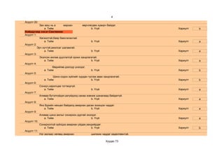 4
Асуулт 20:
           Зан ааш нь а       мархан        өөрчлөгдөж хувирч байдаг.
               a. Тийм                            b. Үгүй                       Хариулт   b
Хоёрдугаар хэсэг:Сангвиник
Асуулт 1:
           Хөгжилтэй,баяр баясгалантай.
               a. Тийм                            b. Үгүй                       Хариулт   a
Асуулт 2:
          Эрч хүчтэй,ажилсаг шаламгай.
               a. Тийм                            b. Үгүй                       Хариулт   a
Асуулт 3:
           Эхэлсэн ажлаа дуусгалгүй орхих хандлагатай.
               a. Тийм                            b. Үгүй                       Хариулт   a
Асуулт 4:
                      Өөрийгөө дээгүүр үнэлдэг.
               a. Тийм                            b. Үгүй                       Хариулт   b
Асуулт 5:
                      Шинэ содон зүйлийг хурдан тусгаж авах хандлагатай.
               a. Тийм                            b. Үгүй                       Хариулт   b
Асуулт 6:
           Сониуч,харилцаа тогтворгүй.
               a. Тийм                            b. Үгүй                       Хариулт   a
Асуулт 7:
           Аливаа бүтэлгүйдэл,азгүйдэлд санаа зовниж шаналаад байдаггүй.
               a. Тийм                            b. Үгүй                       Хариулт   a
Асуулт 8:
           Янз бүрийн нөхцөл байдалд амархан дасан зохицож чаддаг.
               a. Тийм                            b. Үгүй                       Хариулт   a
Асуулт 9:
           Аливаа шинэ ажлыг сонирхон дуртай эхэлдэг.
               a. Тийм                            b. Үгүй                       Хариулт   a
Асуулт 10:
           Сонирхолгүй зүйлдээ амархан уйдаж,хөндийрдөг.
               a. Тийм                            b. Үгүй                       Хариулт   b
Асуулт 11:
           Нэг ажлаас нөгөөд амархан              шилжиж чаддаг хөдөлгөөнтэй.

                                                           Хуудас 73
 