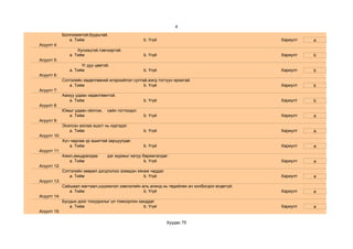 4
             Болгоомжтой,буурьтай.
                a. Тийм                              b. Үгүй                                   Хариулт   a
Асуулт 4:
                    Хүлээцтэй,тэвчээртэй.
                a. Тийм                              b. Үгүй                                   Хариулт   b
Асуулт 5:
                      Үг дуу цөөтэй.
                a. Тийм                              b. Үгүй                                   Хариулт   b
Асуулт 6:
             Сэтгэлийн хөдөлгөөний илэрхийлэл султай,жигд тогтуун яриатай.
                a. Тийм                            b. Үгүй                                     Хариулт   b
Асуулт 7:
             Аажуу удаан хөдөлгөөнтэй.
                a. Тийм                              b. Үгүй                                   Хариулт   b
Асуулт 8:
             Юмыг удаан ойлгож,    сайн тогтоодог.
               a. Тийм                               b. Үгүй                                   Хариулт   a
Асуулт 9:
             Эхэлсэн ажлаа эцэст нь хүргэдэг.
                a. Тийм                              b. Үгүй                                   Хариулт   a
Асуулт 10:
             Хүч чадлаа үр ашигтай зарцуулдаг.
                a. Тийм                              b. Үгүй                                   Хариулт   a
Асуулт 11:
             Ажил,амьдралдаа       дэг журмыг хатуу баримталдаг.
                a. Тийм                              b. Үгүй                                   Хариулт   a
Асуулт 12:
             Сэтгэлийн хөөрөл догдлолоо эзэмдэн хянаж чаддаг.
                a. Тийм                            b. Үгүй                                     Хариулт   a
Асуулт 13:
             Сайшаал магтаал,шүүмжлэл зэмлэлийн аль алинд нь төдийлөн ач холбогдол өгдөггүй.
                a. Тийм                          b. Үгүй                                       Хариулт   a
Асуулт 14:
             Бусдын доог тохуурхлыг үл томсорлон ханддаг
                a. Тийм                            b. Үгүй                                     Хариулт   a
Асуулт 15:

                                                                Хуудас 75
 
