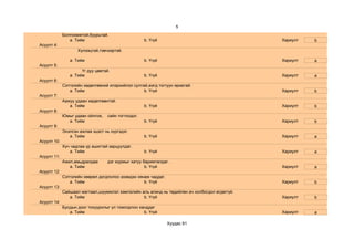 5
             Болгоомжтой,буурьтай.
                a. Тийм                              b. Үгүй                                   Хариулт   b
Асуулт 4:
                    Хүлээцтэй,тэвчээртэй.

                a. Тийм                              b. Үгүй                                   Хариулт   a
Асуулт 5:
                      Үг дуу цөөтэй.
                a. Тийм                              b. Үгүй                                   Хариулт   a
Асуулт 6:
             Сэтгэлийн хөдөлгөөний илэрхийлэл султай,жигд тогтуун яриатай.
                a. Тийм                            b. Үгүй                                     Хариулт   b
Асуулт 7:
             Аажуу удаан хөдөлгөөнтэй.
                a. Тийм                              b. Үгүй                                   Хариулт   b
Асуулт 8:
             Юмыг удаан ойлгож,    сайн тогтоодог.
               a. Тийм                               b. Үгүй                                   Хариулт   b
Асуулт 9:
             Эхэлсэн ажлаа эцэст нь хүргэдэг.
                a. Тийм                              b. Үгүй                                   Хариулт   a
Асуулт 10:
             Хүч чадлаа үр ашигтай зарцуулдаг.
                a. Тийм                              b. Үгүй                                   Хариулт   a
Асуулт 11:
             Ажил,амьдралдаа       дэг журмыг хатуу баримталдаг.
                a. Тийм                              b. Үгүй                                   Хариулт   a
Асуулт 12:
             Сэтгэлийн хөөрөл догдлолоо эзэмдэн хянаж чаддаг.
                a. Тийм                            b. Үгүй                                     Хариулт   b
Асуулт 13:
             Сайшаал магтаал,шүүмжлэл зэмлэлийн аль алинд нь төдийлөн ач холбогдол өгдөггүй.
                a. Тийм                          b. Үгүй                                       Хариулт   b
Асуулт 14:
             Бусдын доог тохуурхлыг үл томсорлон ханддаг
                a. Тийм                            b. Үгүй                                     Хариулт   a

                                                                Хуудас 91
 