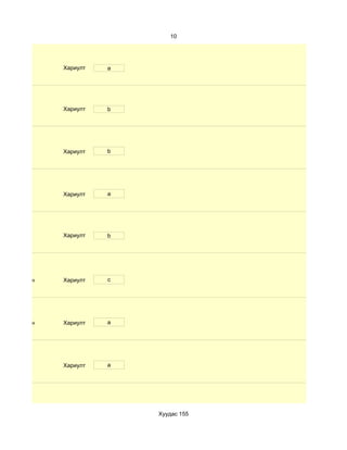 10




              Хариулт   a




              Хариулт   b




              Хариулт   b




              Хариулт   a




              Хариулт   b




d. Маш сайн   Хариулт   c




d. Маш сайн   Хариулт   a




              Хариулт   a




                            Хуудас 155
 