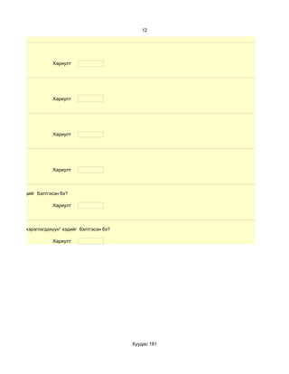 12




                     Хариулт




                     Хариулт




                     Хариулт




                     Хариулт




хичээл” хэдийг бэлтгэсэн бэ?

                     Хариулт




сургалтын хэрэглэгдэхүүн” хэдийг бэлтгэсэн бэ?

                     Хариулт




                                                 Хуудас 181
 