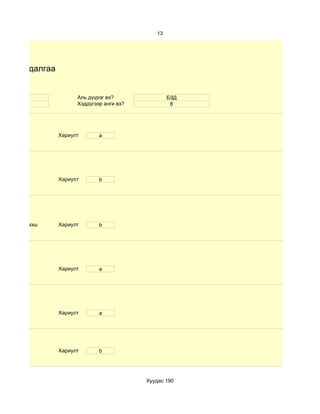 13




лзүйн судалгаа


     15                 Аль дүүрэг вэ?               БЗД
     эр                 Хэддүгээр анги вэ?            8




                  Хариулт       a




                  Хариулт       b




 d.60- аас дээш   Хариулт       b




                  Хариулт       a




                  Хариулт       a




                  Хариулт       b




                                             Хуудас 190
 