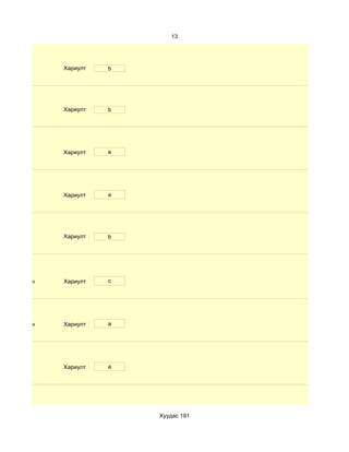 13




              Хариулт   b




              Хариулт   b




              Хариулт   a




              Хариулт   a




              Хариулт   b




d. Маш сайн   Хариулт   c




d. Маш сайн   Хариулт   a




              Хариулт   a




                            Хуудас 191
 