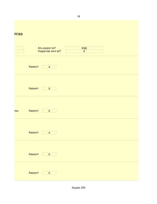 18




йн судалгаа


    15                 Аль дүүрэг вэ?               БЗД
    эр                 Хэддүгээр анги вэ?            8




                 Хариулт       a




                 Хариулт       b




d.60- аас дээш   Хариулт       b




                 Хариулт       a




                 Хариулт       b




                 Хариулт       b




                                            Хуудас 250
 