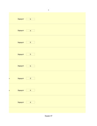 1




              Хариулт   b




              Хариулт   a




              Хариулт   b




              Хариулт   b




              Хариулт   b




d. Маш сайн   Хариулт   d




d. Маш сайн   Хариулт   a




              Хариулт   a




                            Хуудас 47
 
